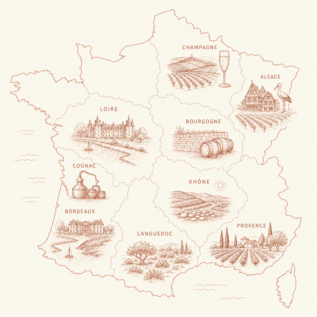 Carte de France illustrée des régions viticoles