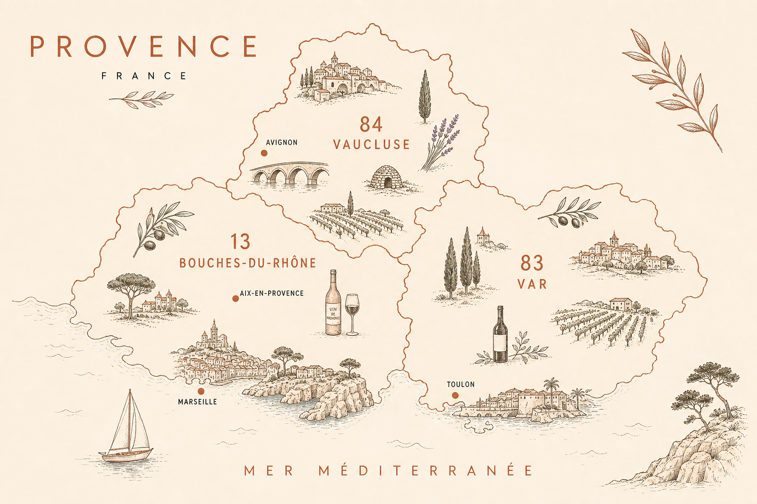 Carte illustrée de la Provence — zone d'intervention ELLE WINE : Bouches-du-Rhône (13), Var (83), Vaucluse (84)